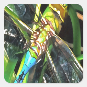 Blue Dragonfly Shimmering Wings Painting Square Sticker