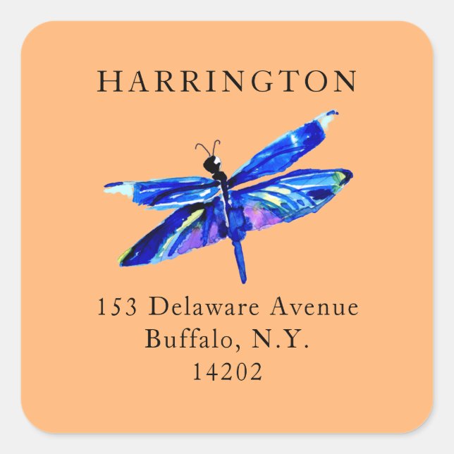 Blue Dragonfly Terra Cotta Return Address Square Sticker (Front)