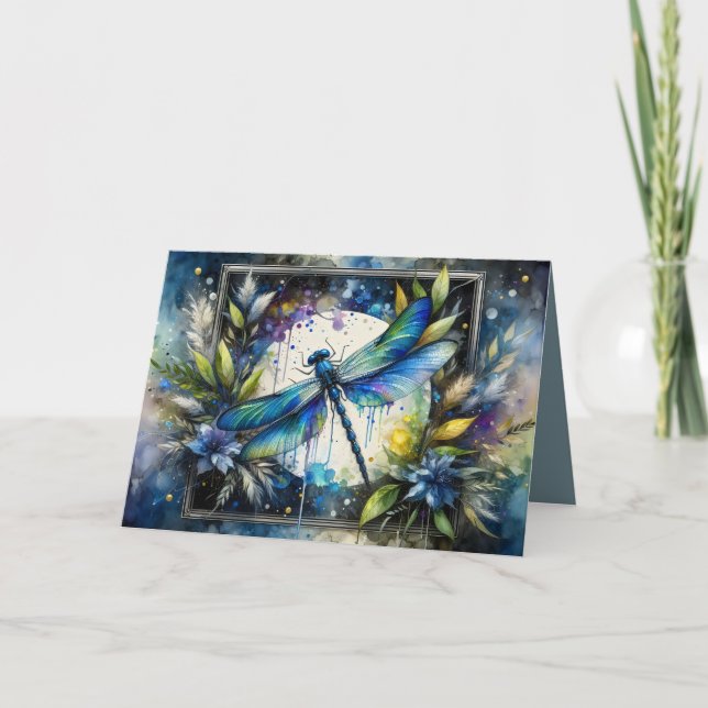 Blue Dragonfly Watercolor Botanical Card (Front)