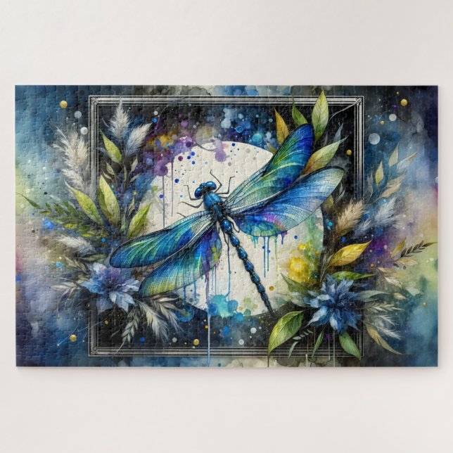 Blue Dragonfly Watercolor Botanical Jigsaw Puzzle (Horizontal)
