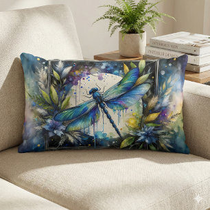 Blue Dragonfly Watercolor Botanical Lumbar Cushion