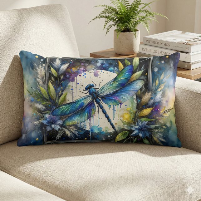Blue Dragonfly Watercolor Botanical Lumbar Cushion (Blue Dragonfly Watercolor Botanical Lumbar Pillow Mockup A)
