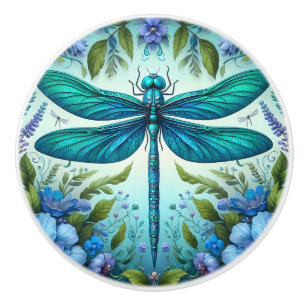 Blue Dragonfly with Flowers Ceramic Knob