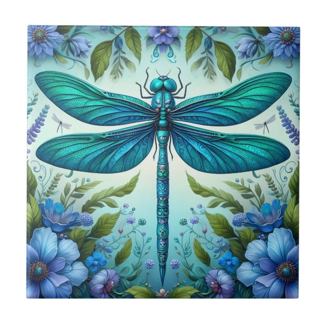 Blue Dragonfly with Flowers Ceramic Tile (Front)