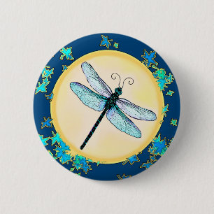 Blue Dragonfly with Leaves Button