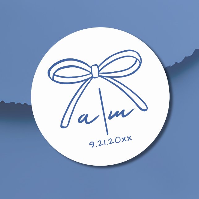 Blue Drawn Bow Whimsical Wedding Monogram Classic Round Sticker (Blue Drawn Bow Whimsical Wedding Monogram Classic Round Sticker)