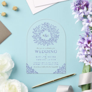 Blue drawn leaf monogram art wedding invitation