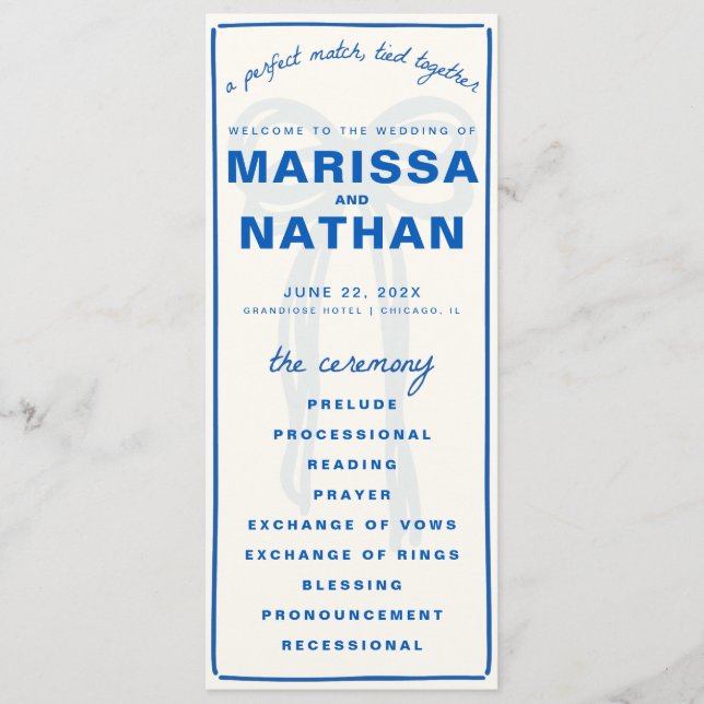 Blue Drawn Together Bow Wedding Program (Front)