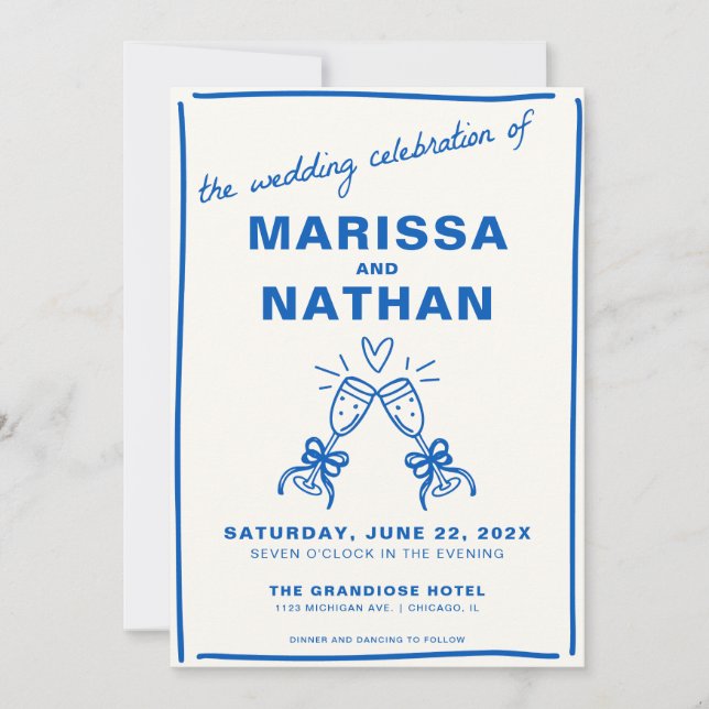 Blue Drawn Together Toast Photo Wedding Invitation (Front)