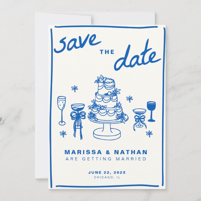 Blue Drawn Together Wedding with Photo Save The Date (Front)