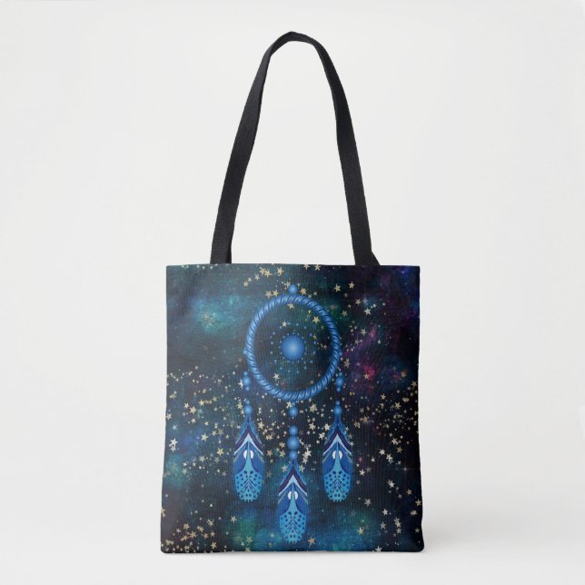 Blue Dreamcatcher Celestial Gold Stars Tote Bag (Front)