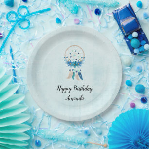 Blue Dreamcatcher Stylish Boho Design Birthday Paper Plate