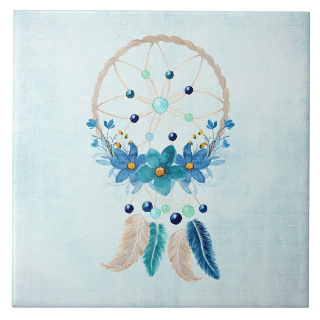 Blue Dreamcatcher Stylish Boho Design Ceramic Tile (Front)