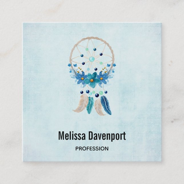 Blue Dreamcatcher Stylish Boho Design Square Business Card (Front)