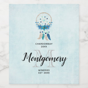 Blue Dreamcatcher Stylish Boho Design Wine Making Wine Label