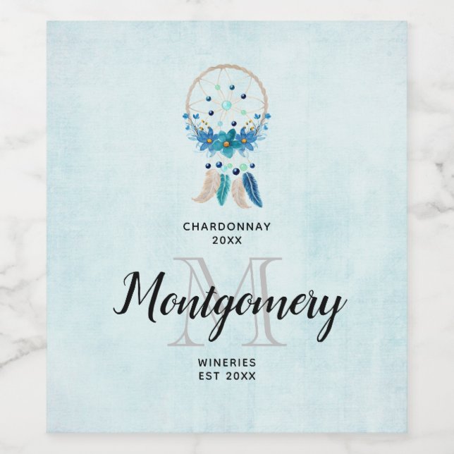 Blue Dreamcatcher Stylish Boho Design Wine Making Wine Label (Single Label)