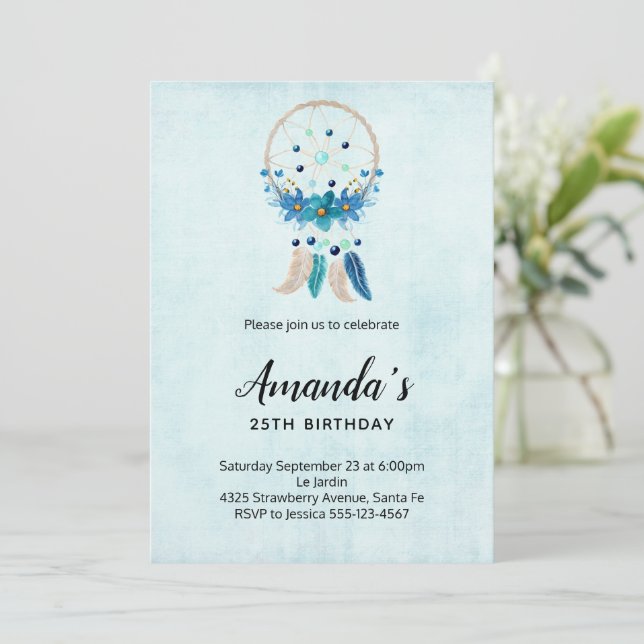 Blue Dreamcatcher with Flowers & Feathers Birthday Invitation (Standing Front)
