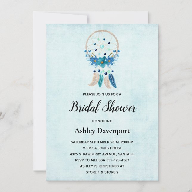 Blue Dreamcatcher with Flowers & Feathers Bridal Invitation (Front)