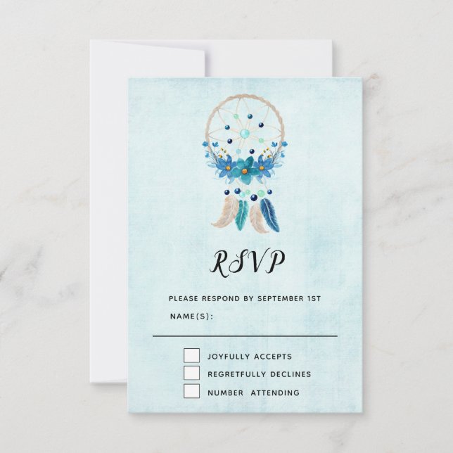Blue Dreamcatcher with Flowers & Feathers RSVP Card (Front)
