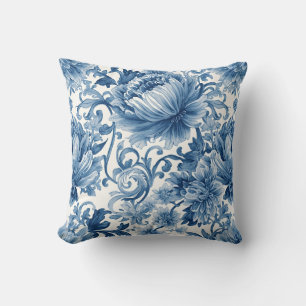 Blue Dreams   Floral Watercolor Chinoiserie Cushion