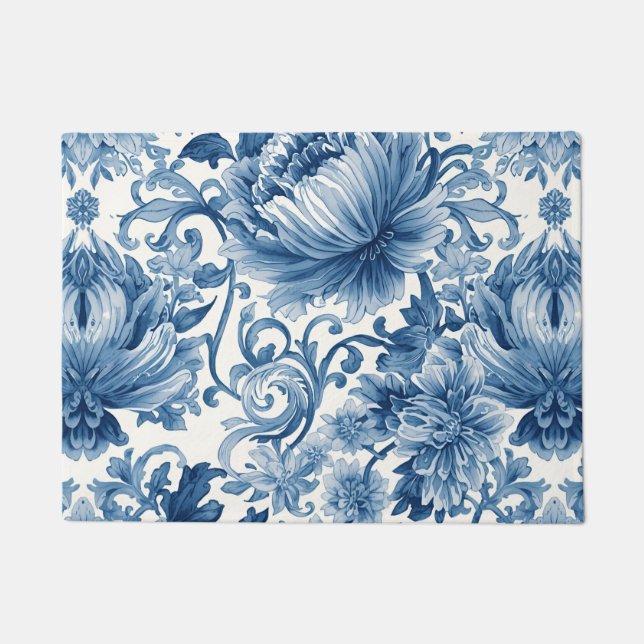 Blue Dreams | Floral Watercolor Chinoiserie Doormat (Front)