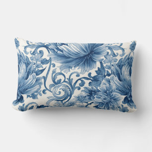 Blue Dreams Floral Watercolor Chinoiserie Lumbar Cushion