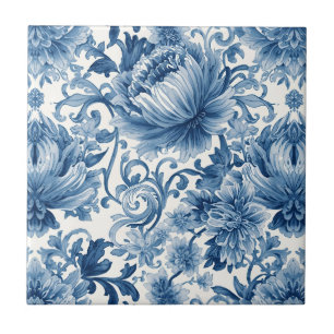 Blue Dreams   Floral Watercolor Chinoiserie White Ceramic Tile