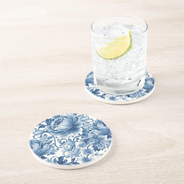 Blue Dreams | Floral Watercolor Chinoiserie White Coaster (Side)
