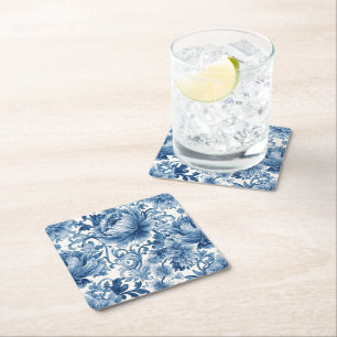 Blue Dreams   Floral Watercolor Chinoiserie White Square Paper Coaster