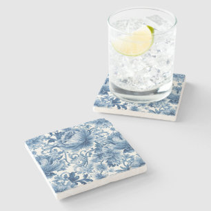 Blue Dreams   Floral Watercolor Chinoiserie White Stone Coaster