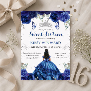 Blue Dress Black Hair Princess Sweet 16 Invitation