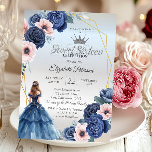 Blue Dress,Blue Flowers Frame Sweet 16 Invitation