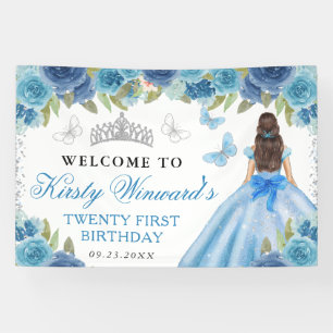 Blue Dress Brunette Princess Floral Birthday Banner