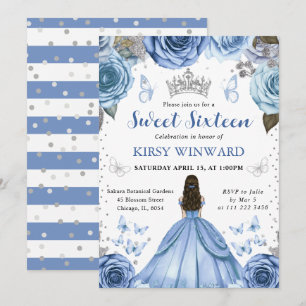 Blue Dress Brunette Princess Sweet 16 Invitation