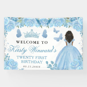 Blue Dress Dark Skin Princess Floral Birthday Banner