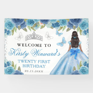 Blue Dress Dark Skin Princess Floral Birthday Banner