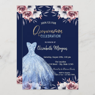 Blue Dress Floral Navy Blue Quinceañera Invitation
