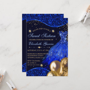 Blue Dress & Gold Glitter Balloons Sweet 16 Invitation