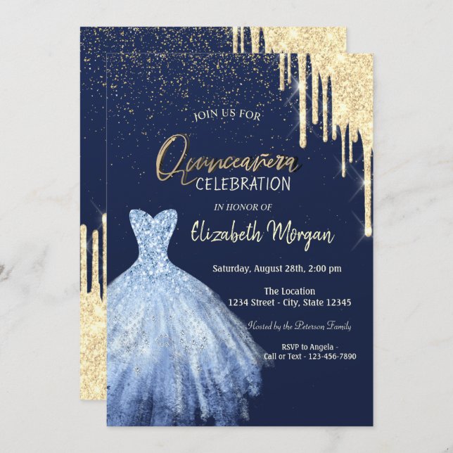 Blue Dress Gold Glitter Drip Quinceañera  Invitation (Front/Back)