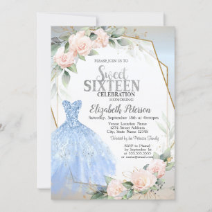 Blue Dress,Pink Roses Frame Silver Sweet 16  Invitation