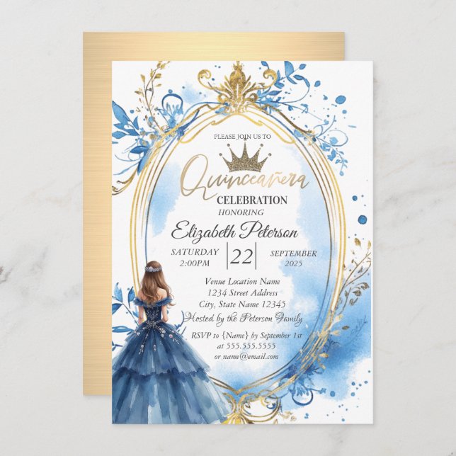 Blue Dress Princess Frame Gold Invitation (Front/Back)