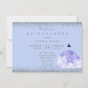 Blue Dress Silver Glitter Quinceanera Party Invite