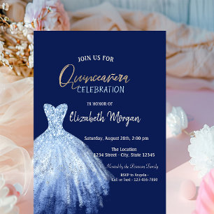 Blue Dress Stars Galaxy Navy Blue Quinceañera  Invitation