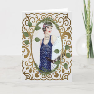 Blue Dress Vintage 1920s Flapper Art Deco Woman Holiday Card