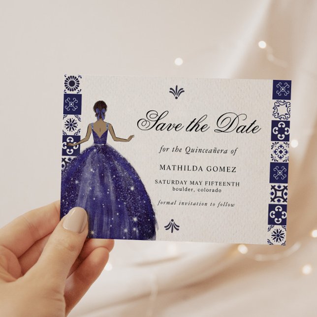 Blue Dress Wall Tiles Quinceañera Save The Date Invitation (Creator Uploaded)