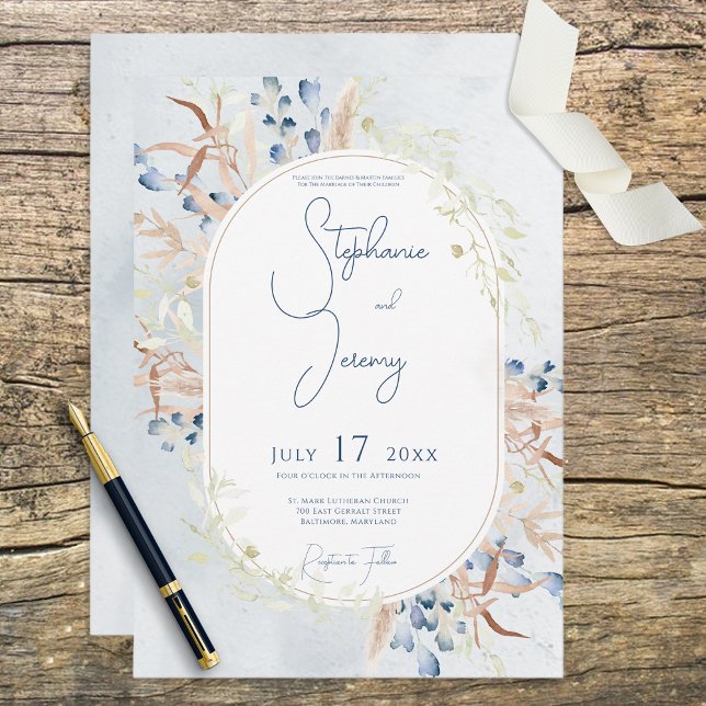 Blue Dried Boho Flowers Blue Wedding Invitation (Creator Uploaded)