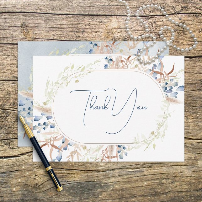 Blue Dried Boho Flowers White Wedding Thank You Card (Creator Uploaded)