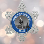 Blue Drill Team Photo High School Dancer Snowflake Pewter Christmas Ornament<br><div class="desc">This cool customized high school drill team photo gift features white typography of your team and dancer name on a blue Christmas ornament with a silhouette of a girl holding pom poms in boots. Personalize with your student's photograph and class year as a proud parent.</div>