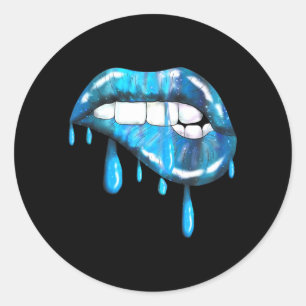 Blue Dripng Biting Lips Lipstick Effect 80s Classic Round Sticker