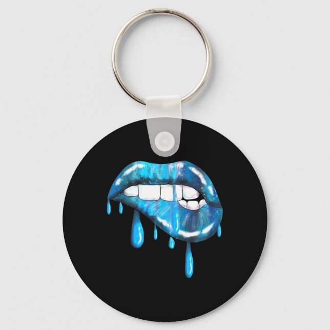 Blue Dripng Biting Lips Lipstick Effect 80s Key Ring (Front)